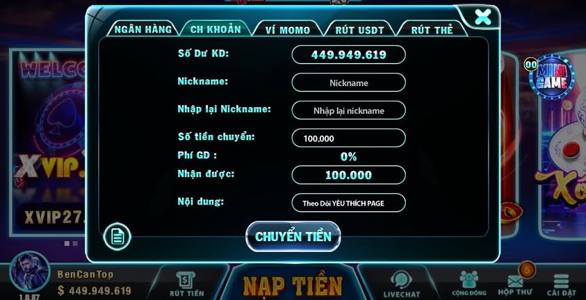 Nạp tiền bằng phương thức Chuyển khoản ngân hàng 